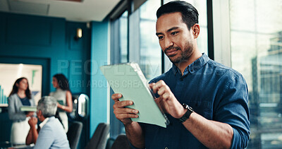 Buy stock photo Tablet, office and business man online for financial research, investment results and reading email for analysis. Digital technology, app and worker check report for profit, metrics and coworking