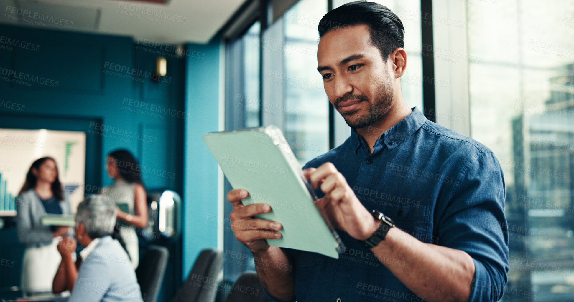 Buy stock photo Tablet, office and business man online for financial research, investment results and reading email for analysis. Digital technology, app and worker check report for profit, metrics and coworking