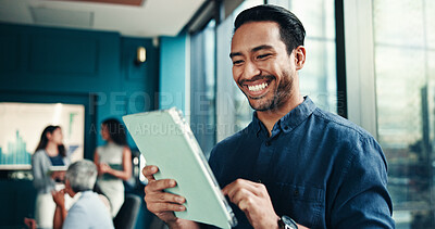 Buy stock photo Happy, accountant or businessman on tablet in meeting for research, project or accounting proposal. Financial growth, finance analyst or news update for budget report, economy or review investment