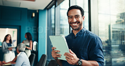 Buy stock photo Tablet, portrait and happy businessman in office for financial research, investment consultant and email for analysis. Digital technology, smile and professional employee in workplace for coworking