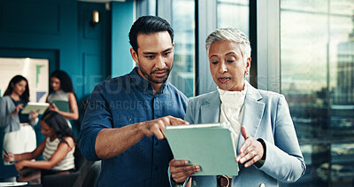 Buy stock photo Collaboration, review and people with tablet, office and pointing of info on website, online and serious. Business, man and woman with feedback for project, teamwork and discussion for ad campaign