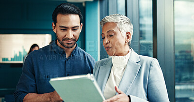 Buy stock photo Talking, charts or business people on tablet in meeting for research, forecasting or accounting data. Financial growth, finance analysts or news update for budget report, economy or review investment