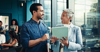 Buy stock photo Talking, mature or business people on tablet in office for research, project or accounting proposal. Financial growth, finance analysts or news update for budget report, economy or review investment