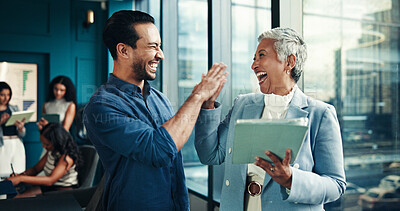 Buy stock photo High five, team and tablet with business people in office for success, growth performance and smile. Portfolio profit, investor achievement and account bonus with employees in agency for support