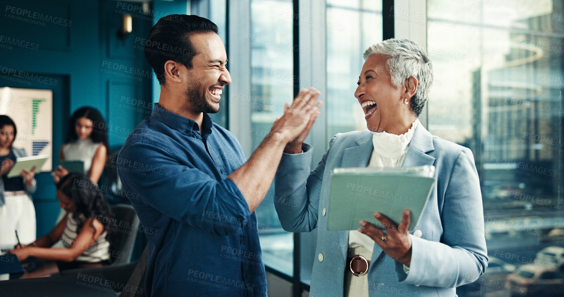 Buy stock photo High five, team and tablet with business people in office for success, growth performance and smile. Portfolio profit, investor achievement and account bonus with employees in agency for support