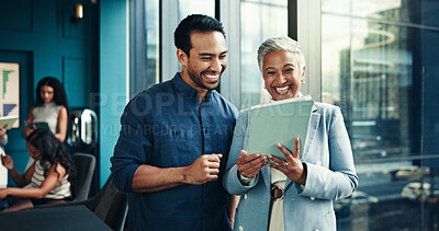 Buy stock photo Collaboration, colleagues and people with tablet, office and smile for marketing strategy or online. Business, man and woman with tech for campaign, team and happy for info on website and discussion