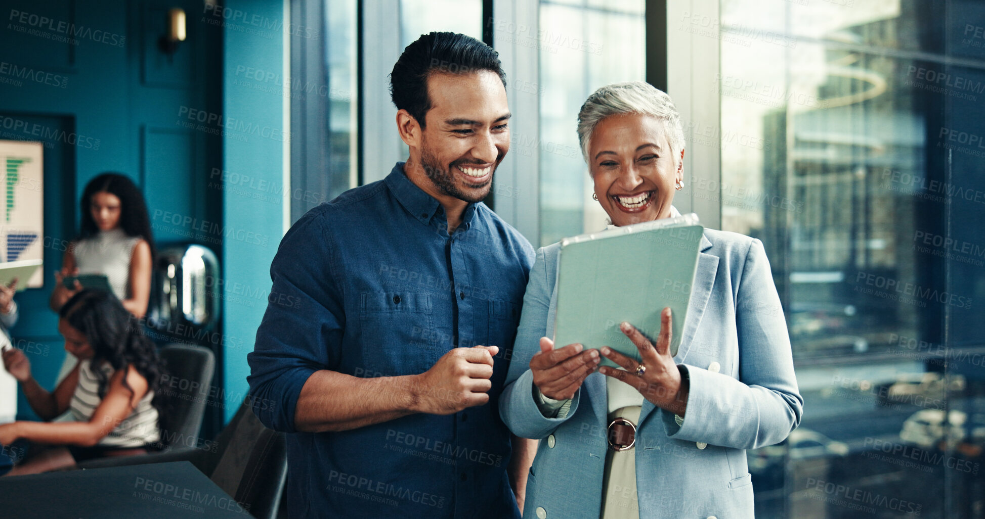 Buy stock photo Collaboration, colleagues and people with tablet, office and smile for marketing strategy or online. Business, man and woman with tech for campaign, team and happy for info on website and discussion