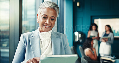 Buy stock photo Office, mature and businesswoman with tablet for reading, news story and notification for blog post. Newsroom, female person and editor with technology for publication, article information and scroll