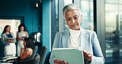 Buy stock photo Office, mature and businesswoman with tablet for research, news story and notification for blog post. Newsroom, female person and editor with technology for publication, reading article and scroll