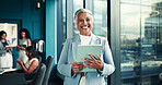 Office, mature and businesswoman with tablet in portrait, news story and notification for blog post. Newsroom, female person and editor with technology for publication, article website and happiness