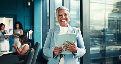 Buy stock photo Office, mature and businesswoman with tablet in portrait, news story and notification for blog post. Newsroom, female person and editor with technology for publication, article website and happiness