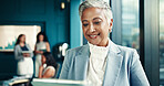 Smile, mature and businesswoman with tablet in office, news story and notification for blog post. Newsroom, female person and happy editor with technology for publication, article website and reading