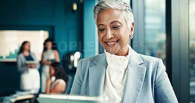 Buy stock photo Smile, mature and businesswoman with tablet in office, news story and notification for blog post. Newsroom, female person and happy editor with technology for publication, article website and reading