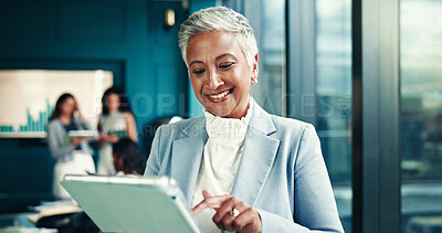 Buy stock photo Tablet, office and mature business woman online for financial research, investment or reading email for analysis. Digital technology, app and happy manager check report for profit, stats or coworking