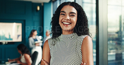 Buy stock photo Business, meeting and woman with portrait in office for financial presentation, budget review and career pride. Finance analyst, employee and happy in boardroom for funding pitch or corporate seminar