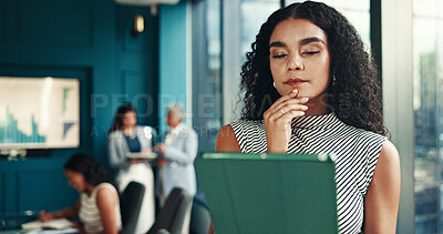 Buy stock photo Thinking, accountant or businesswoman on tablet in meeting for research, sale ideas or accounting. Financial solution, finance analyst or news update for budget report, problem solving or investment