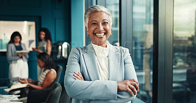 Buy stock photo Arms crossed, mature or portrait of businesswoman in meeting for graphs, forecasting or accounting. Finance leader, confident or financial analyst with economic update, budget report or investment