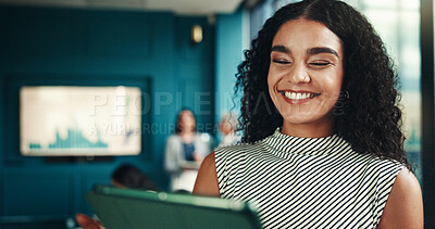 Buy stock photo Tablet, data and happy business woman in office for financial research, investment or reading email for analysis. Digital technology, app and worker check report online for profit, stats and project