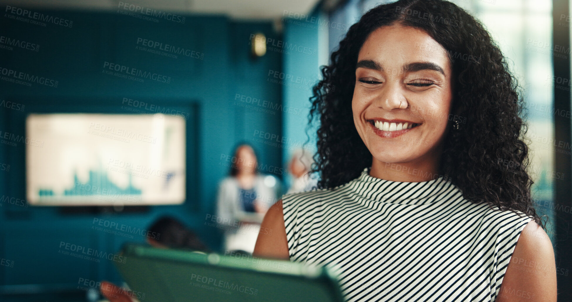 Buy stock photo Tablet, data and happy business woman in office for financial research, investment or reading email for analysis. Digital technology, app and worker check report online for profit, stats and project