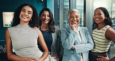 Buy stock photo Group, finance or portrait of women in business with graphs, forecasting or accounting charts. Financial team, confident or female economic analyst with confidence for about us, meeting or investment