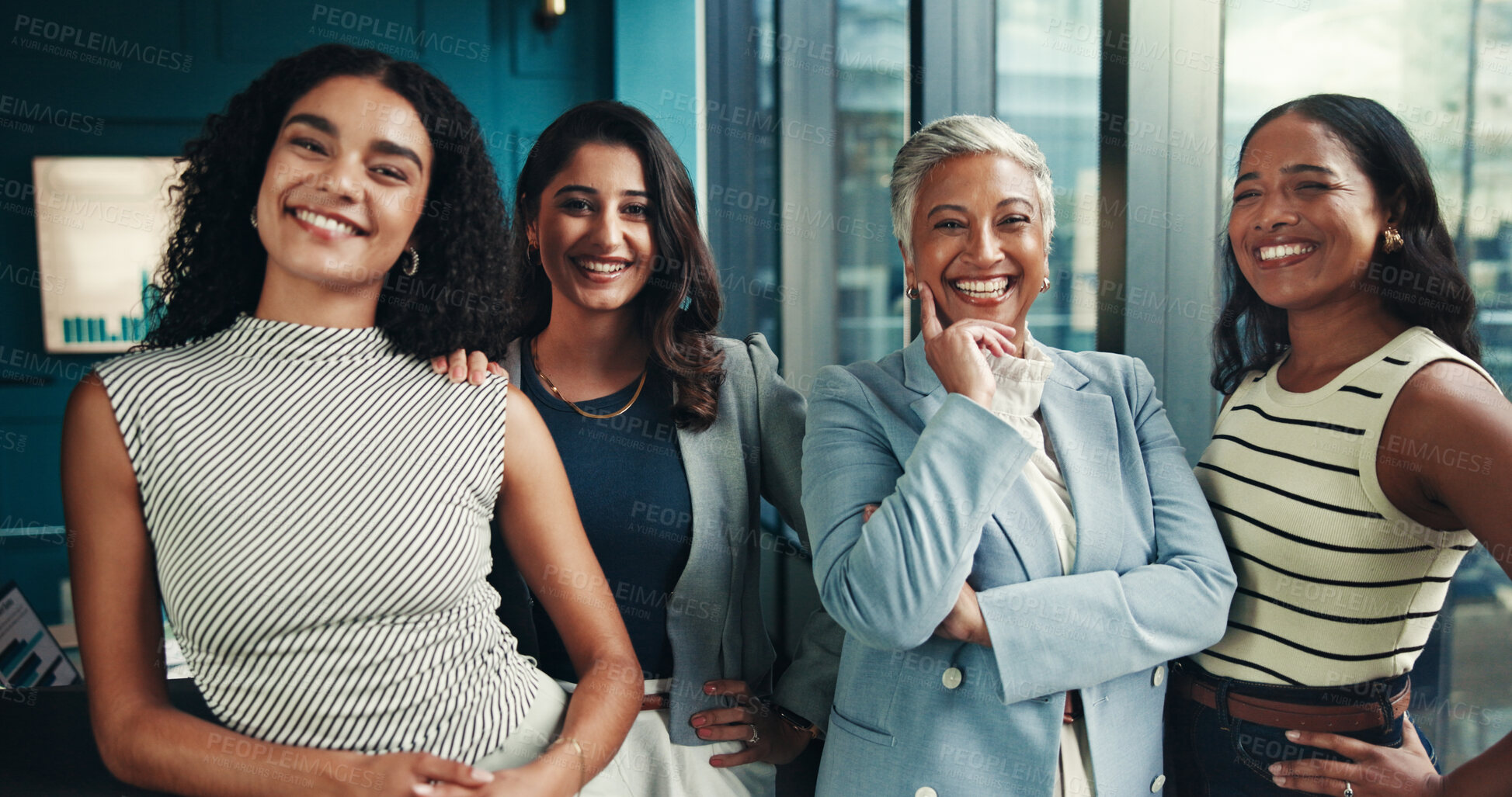 Buy stock photo Group, finance or portrait of women in business with graphs, forecasting or accounting charts. Financial team, confident or female economic analyst with confidence for about us, meeting or investment