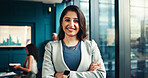 Office, businesswoman and portrait with arms crossed for meeting, investment growth or financial advisor. Career, female person and consultant with pride for risk management, finance agency and smile