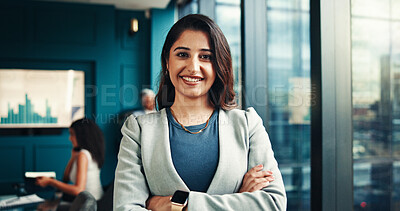 Buy stock photo Office, businesswoman and portrait with arms crossed for meeting, investment growth or financial advisor. Career, female person and consultant with pride for risk management, finance agency and smile