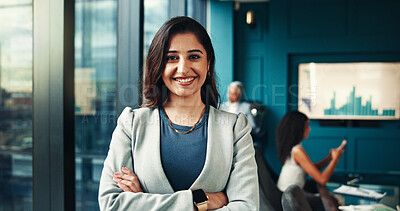 Buy stock photo Arms crossed, stats or portrait of businesswoman in meeting for graphs, forecasting or accounting data. Financial, confident or finance analyst with economic charts for budget report or investment