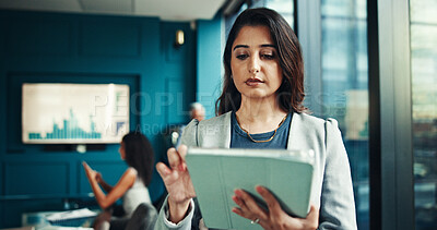 Buy stock photo Tablet, serious and business woman in office for finance research, investment data or reading email for analysis. Digital technology, app and worker check report online for profit, stats or coworking