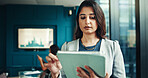 Tablet, office and business woman in boardroom for online statistics, planning and investment graphs. Corporate, professional and person on digital tech for finance report, website and research