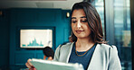 Tablet, finance and business woman in office for research, investment data or reading email for analysis. Digital technology, app and happy worker check report online for profit, stats and project