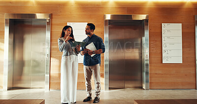Buy stock photo Tablet, team and discussion with business people in office for consulting, feedback and project planning. Collaboration, investor report and account update with employees in lobby for budget review