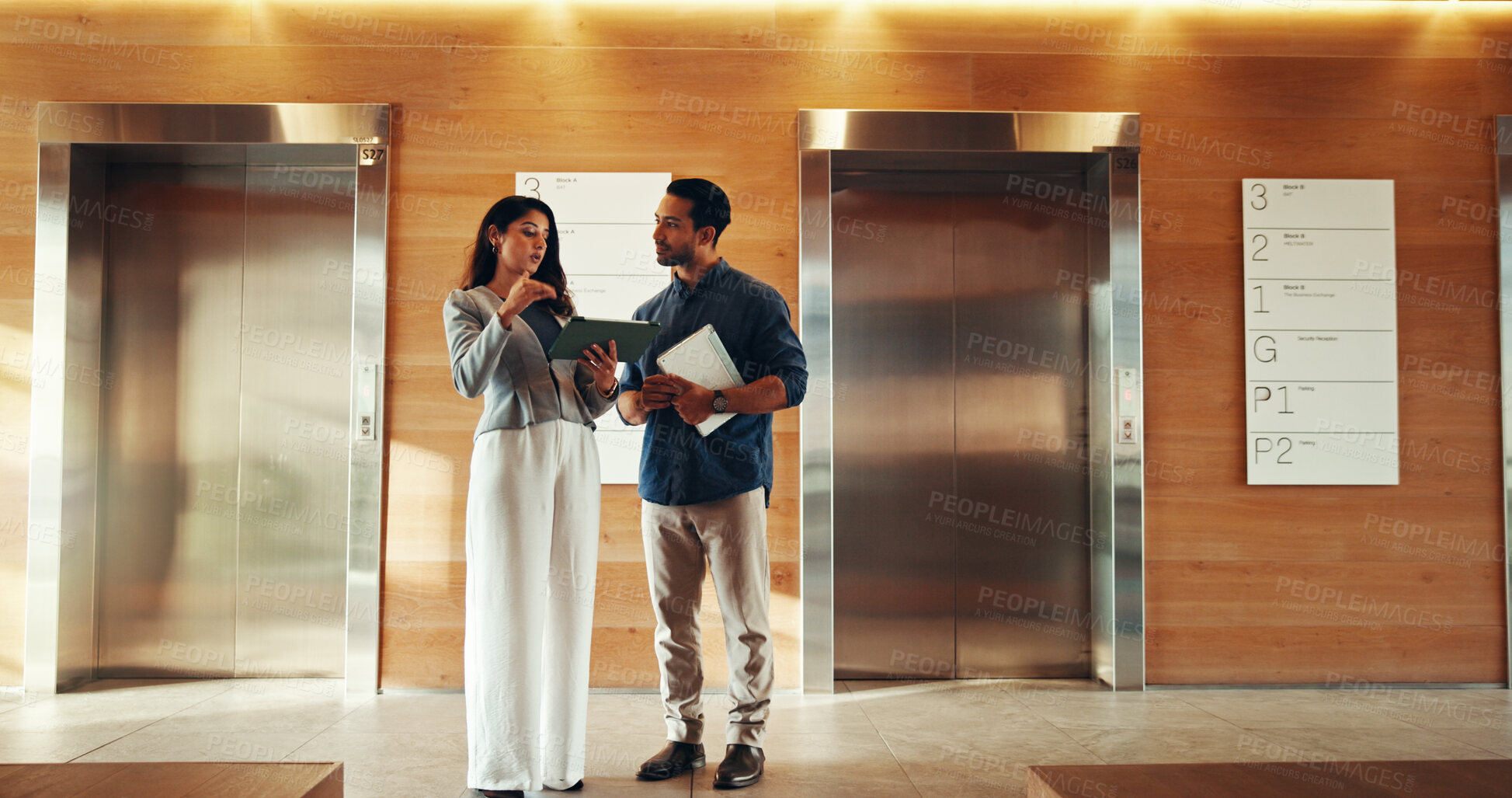 Buy stock photo Tablet, team and discussion with business people in office for consulting, feedback and project planning. Collaboration, investor report and account update with employees in lobby for budget review