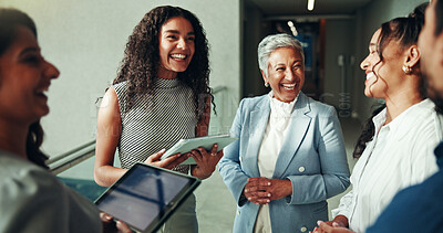 Buy stock photo Talking, schedule or business people on tablet in lobby for research, teamwork or accounting proposal. Financial advisor, finance analysts or project agenda for budget report, funding or feedback