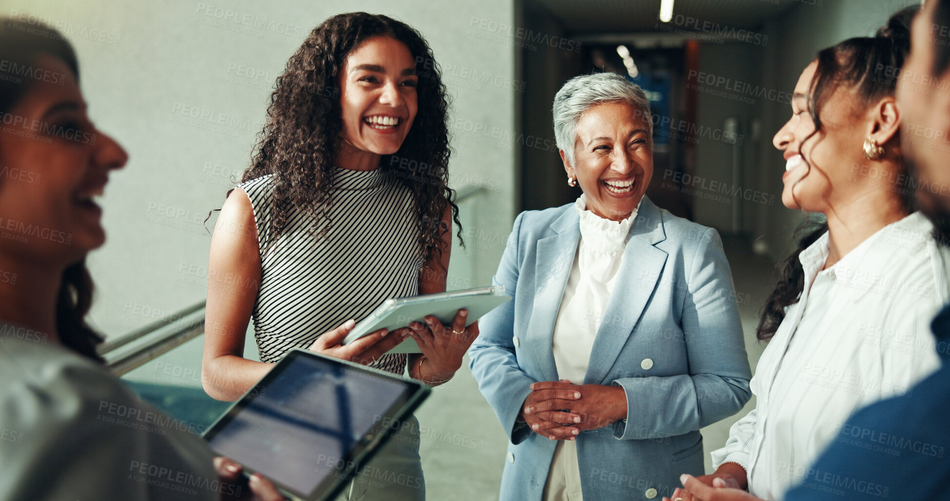 Buy stock photo Talking, schedule or business people on tablet in lobby for research, teamwork or accounting proposal. Financial advisor, finance analysts or project agenda for budget report, funding or feedback