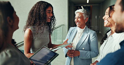 Buy stock photo Tablet, team and laughing with business people in office for consulting, feedback and project planning. Collaboration, investor report and account update with employees in lobby for budget review