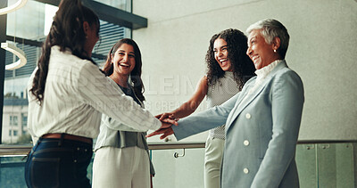 Buy stock photo Business women, team building and stack hands for collaboration, motivation and laugh in office. Happy group, huddle and support with workers for corporate mission, goal and synergy for cooperation