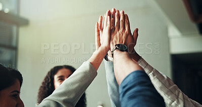 Buy stock photo Business people, team building and high five for collaboration, motivation and success in office. Group, hands together and support with workers for corporate mission, goal or synergy for cooperation