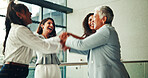 Celebration, collaboration and business women in huddle for team building, support and motivation. Unity, group and people for trust, solidarity and success with goals, targets and mission meeting