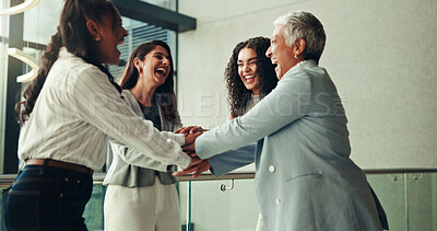 Buy stock photo Business women, team building and hands together for collaboration, motivation and laugh in office. Happy group, stack and support with workers for corporate mission, goal and synergy for cooperation