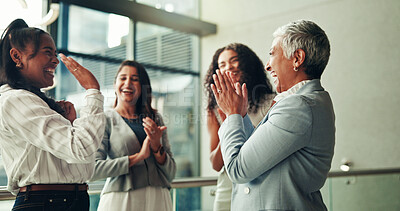 Buy stock photo Women, group and high five with celebration at office with support, achievement and applause at agency. People, happy and cheers with goals, winning and team with congratulations at insurance company