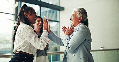 Buy stock photo Women, happy and high five with group at office with support, achievement and praise at agency. People, celebration and cheers with goals, winning and team with congratulations at insurance company