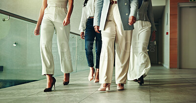 Buy stock photo Feet, business people and walking in office, women and career ambition with teamwork. Employees, legs or closeup with group, shoes or together in lobby, workforce or cooperation with steps or hallway