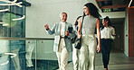 Office, lobby and business women with smile for walk, discussion or conference planning. Seminar, employees and speaker feedback with group for networking event, conversation and convention review