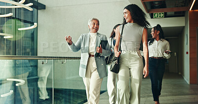 Buy stock photo Office, lobby and business women with smile for walk, discussion or conference planning. Seminar, employees and speaker feedback with group for networking event, conversation and convention review