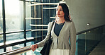 Office, lobby and business woman with thinking for finance career, solution and  problem solving. Workplace, hallway and female accountant with thoughts for financial project, work tasks and handbag