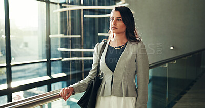 Buy stock photo Office, lobby and business woman with thinking for finance career, solution and problem solving. Workplace, hallway and female accountant with thoughts for financial project, work tasks and handbag