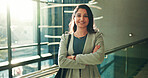 Portrait, business and woman with smile in lobby for career pride, about us and financial conference. Happy, female person and arms crossed with ambition, finance event and  opportunity at convention