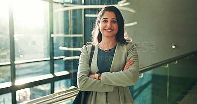 Buy stock photo Portrait, business and woman with smile in lobby for career pride, about us and financial conference. Happy, female person and arms crossed with ambition, finance event and  opportunity at convention