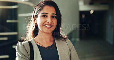 Buy stock photo Happy, business and woman with portrait in lobby for career pride, about us and financial conference. Smile, female person and speaker with ambition, finance event and opportunity at convention expo